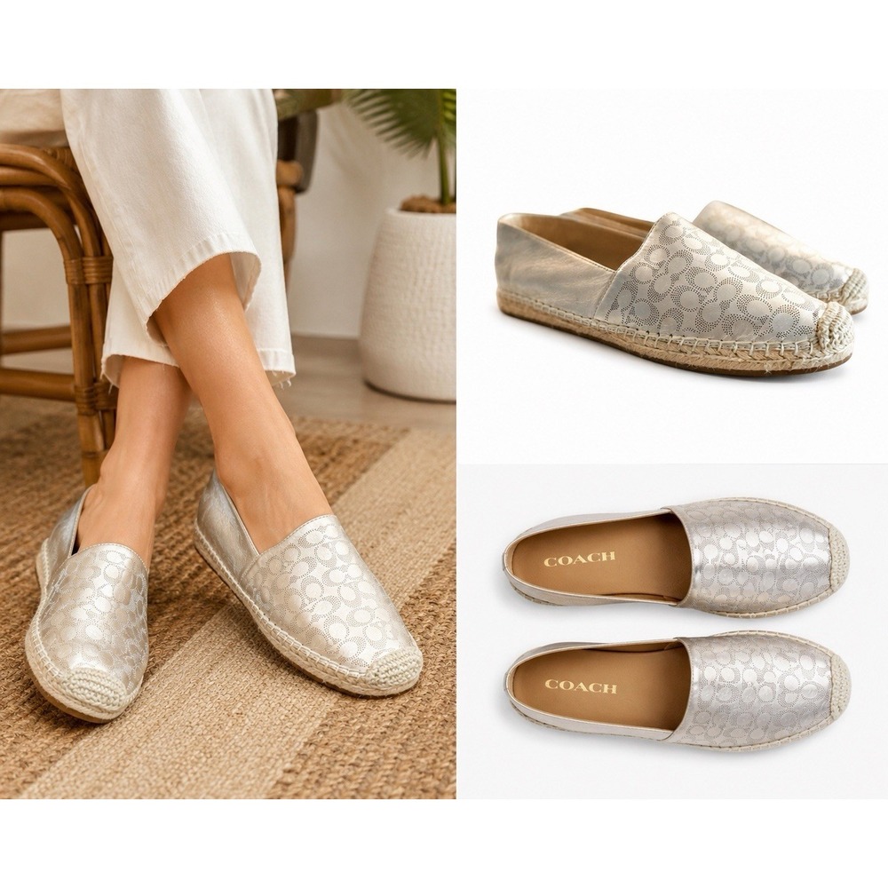 Coach Carley Metallic Pale Gold Signature Espadrille Flats Size 9.5